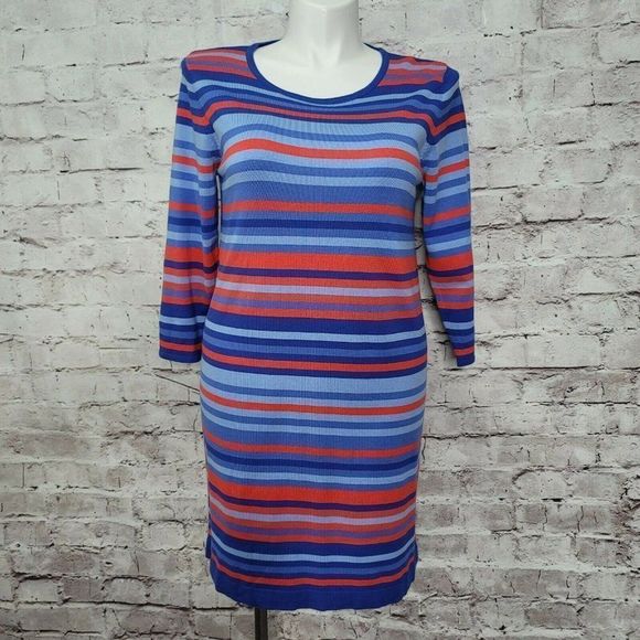 Michael Michael Kors‎ XL Blue Red Striped Long Sleeve Sweater Sheath Dress - Picture 1 of 9